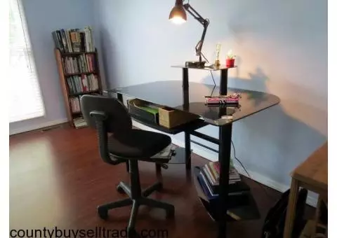 Black Glass Desk & Chair & Lamp